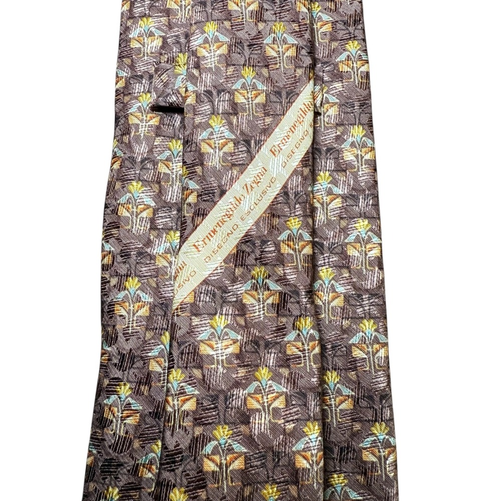Ermenegildo Zegna Silk Jacquard Tie Brown Geometric Floral Designer Mens Italy - Picture 5 of 6
